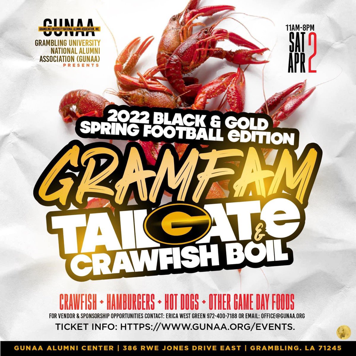 sirdavepeterson's tweet photo. GramFam! Join the GUNAA Membership, Social and Young Alumni Committees for the 1st Annual Spring Game Tailgate and Crawfish Boil. For ticket info: https://t.co/FSfNNeniaO 🖤💛 #GRAMFAM #WhyNotGrambling #ThisIsTheG #UnleashTheTiger #GSUITYK #RYSGRAMBLING https://t.co/hzh28WXrO4