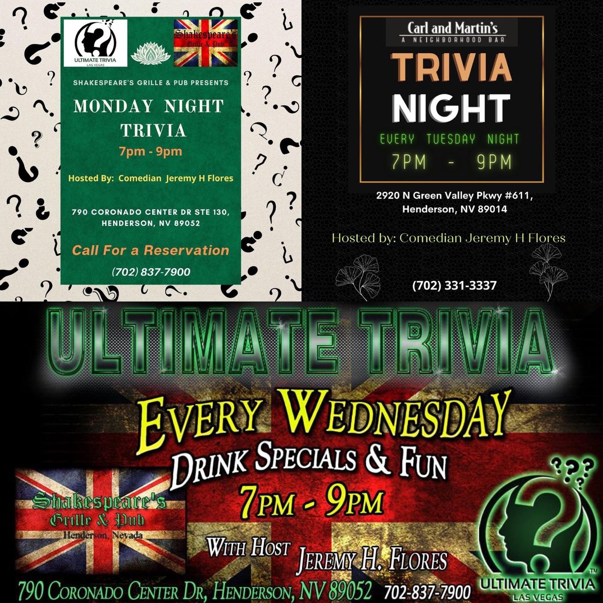 UltTriviaLV's tweet photo. 3 GREAT #TRIVIA VENUES THIS WEEK!
Take your pick!  Monday, Tuesday &amp; Wednesday in #HendersonNV. All venues are family friendly. Great food, Fun and prizes.  Hosted by Comedian 
@JeremyHFlores . Hope to see you soon!
@UltTriviaLV https://t.co/C6RBwRkIfz