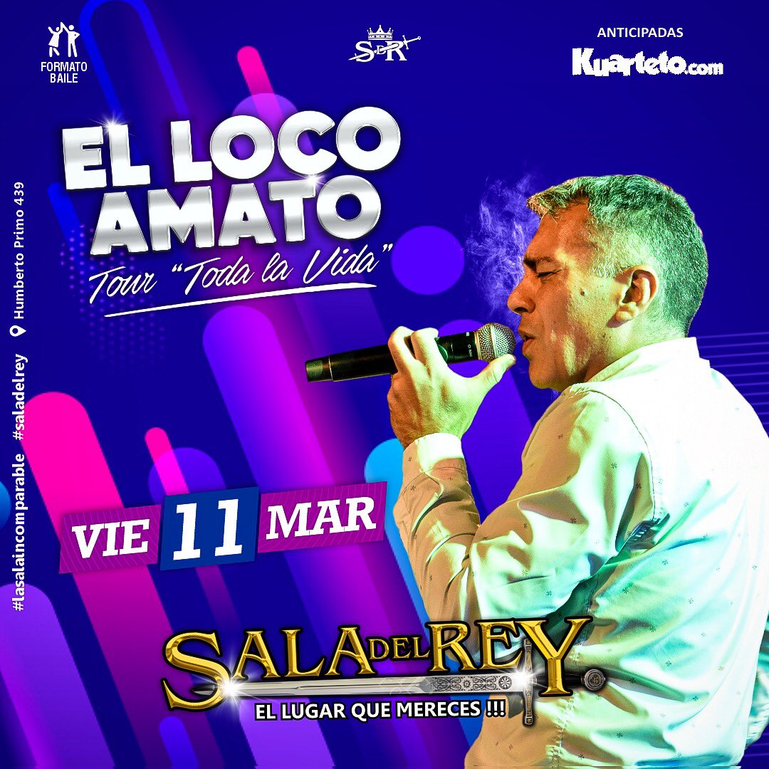saladelrey's tweet photo. ✏️AGENDALO 👇
🎤LOCO AMATO  📅Viernes 11/03
📍Sala del Rey
🎟 Sorteamos 6 entradas dobles ¿Participás?
✨Déjanos tus datos, etiquetá a dos amigos y dale RT
(Si no seguís a @saladelrey no podremos contactarte por tu premio) @cristianamato https://t.co/BD2BpXy2HB
