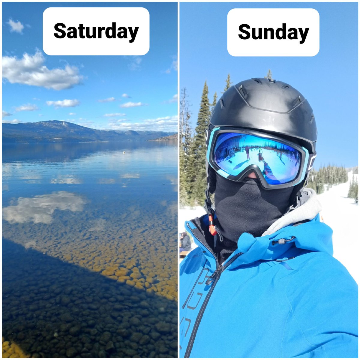 Week end in the Okanagan, Saturday +10C walk at Okanagan Lake (Lake Country). Sunday Ski <a href="/BigWhite/">Big White Ski Resort</a>. Such a nice place to live.