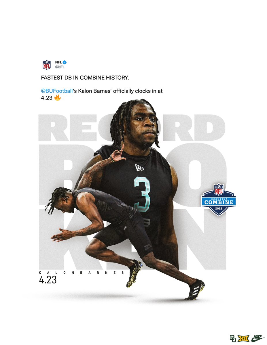 The 𝙁𝘼𝙎𝙏𝙀𝙎𝙏 DB and second fastest 40 in #NFLCombine history. 

<a href="/KaayBarnes_/">BOOGIE</a>

#SicEm | #BUncommon