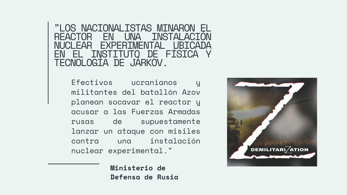 EmbajadaRusaES's tweet photo. ⚠️  Ministerio de Defensa de #Rusia: militares ucranianos 🇺🇦 junto a miembros del batallón nacionalista ucraniano #Azov (prohibido en Rusia) están preparando una provocación con una posible contaminación radiactiva en Járkov. https://t.co/m7kvAexR6M