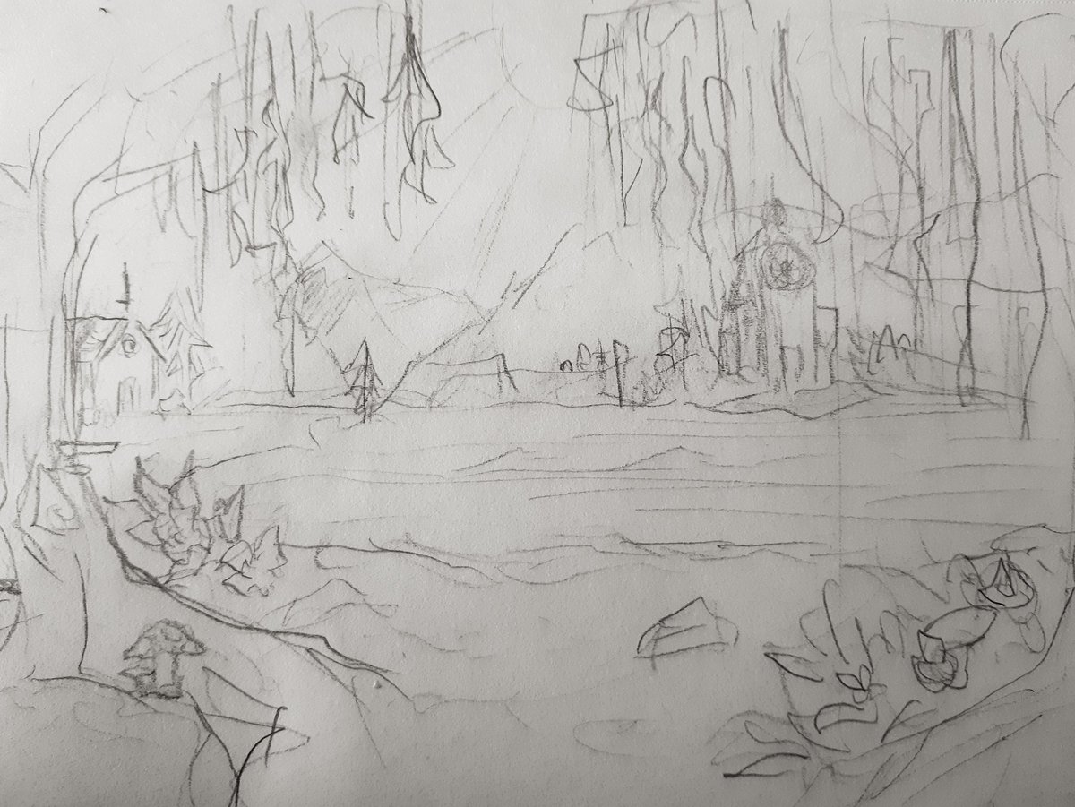 I found an old sketch I did with mountain! It's supposed to be a view of the clergy grounds but I'm not as good as him