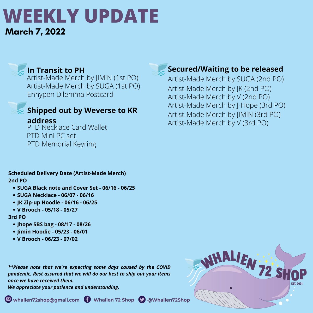 Whalien72Shop's tweet photo. Happy Monday, yeorobun!!! Less than a week nalang for the concert. We know you're all so excited π here's also a little something for you to look forward to. As always, feel free to message us for any inquiries about your orders. Have a great week, fam ππ₯° #Whalien72_Updates https://t.co/bhtYKhNduQ