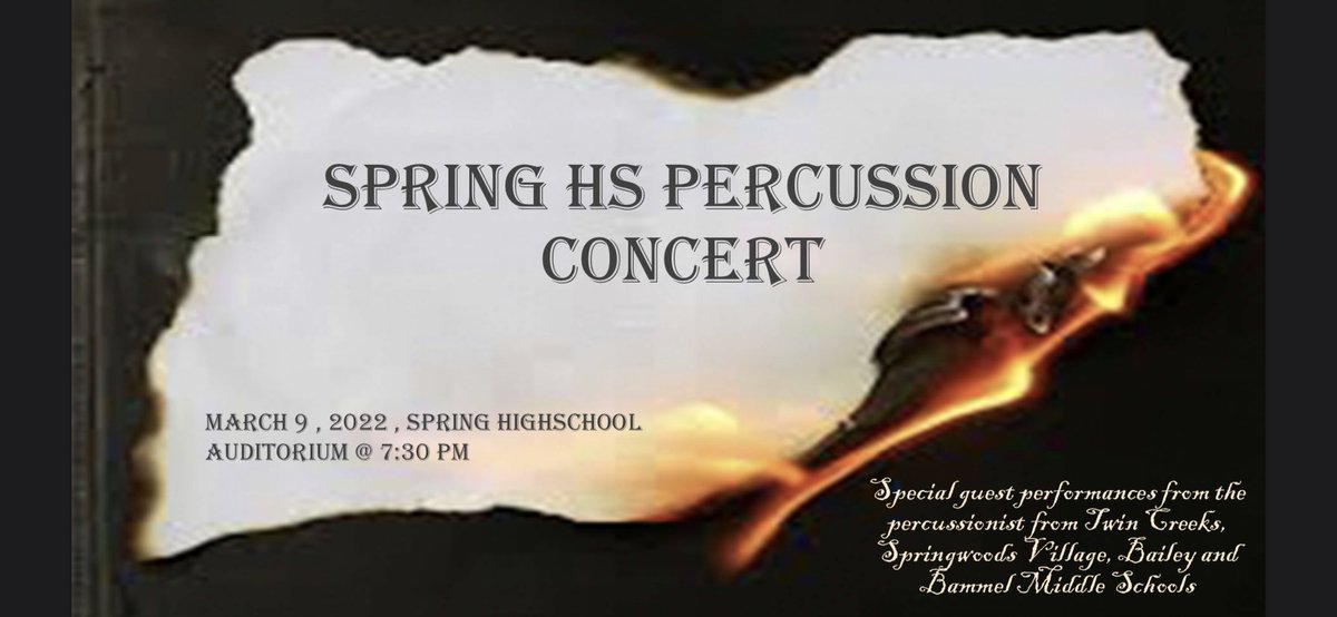 Come on out to Spring High on Wednesday at 7:30pm to watch the award winning Spring Percussion Ensemble and their guest from Twin creeks, Springwoods Village, Bailey, and Bammel middle school.