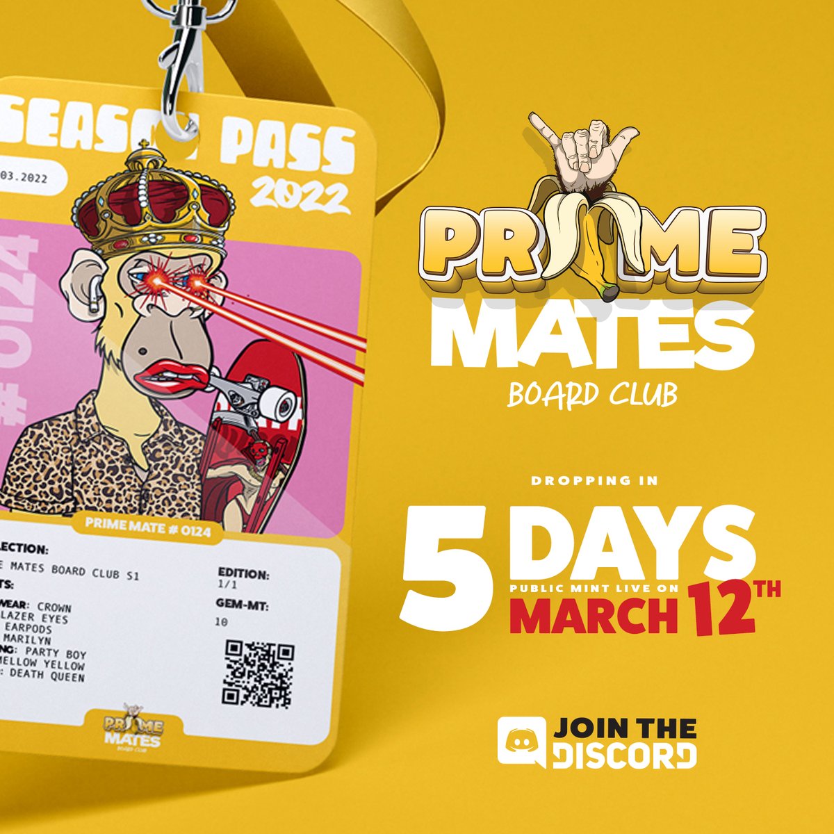PrimeMatesBC's tweet photo. Counting down to Public Mint!!!! Last chance to WL for presale. Join the Discord

💎Items:      2222 ITEMS
⚡️Mint:        100 MATIC
⏰Time:       06:00 AM UTC
🗓️Day:         12 MARCH

🔵Twitter: @PrimeMatesBC
🟣Discord: https://t.co/PCMByUarZH

#NFTs #NFTCommunity #NFTCollection https://t.co/dWo02BCsqg