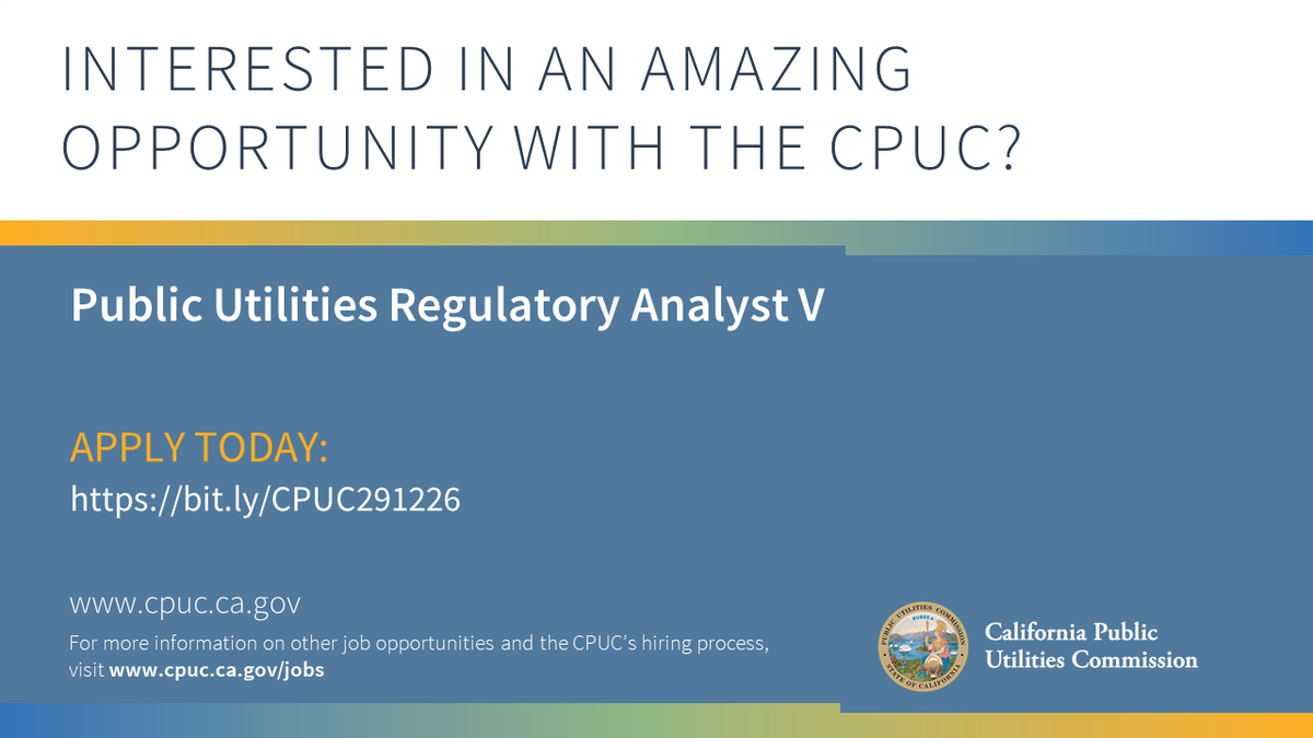 californiapuc's tweet photo. We are seeking a Public Utilities Regulatory Analyst V to support the Energy Division in implementing critical statewide programs. Please apply by March 11, 2022: https://t.co/4ISlsCRslY #WorkforCA #EnergyTwitter https://t.co/HHgE7OLqtN