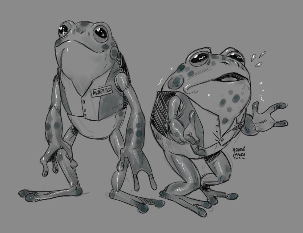 naomifranq's tweet photo. We had Space DnD today and our DM introduced us to a couple'a froggy fellas, Albertus and Norbertus, and anyway-
I would die for them, I would kill for them. Either way, what bliss. 💖🐸💖 https://t.co/jtGrm6PDoH