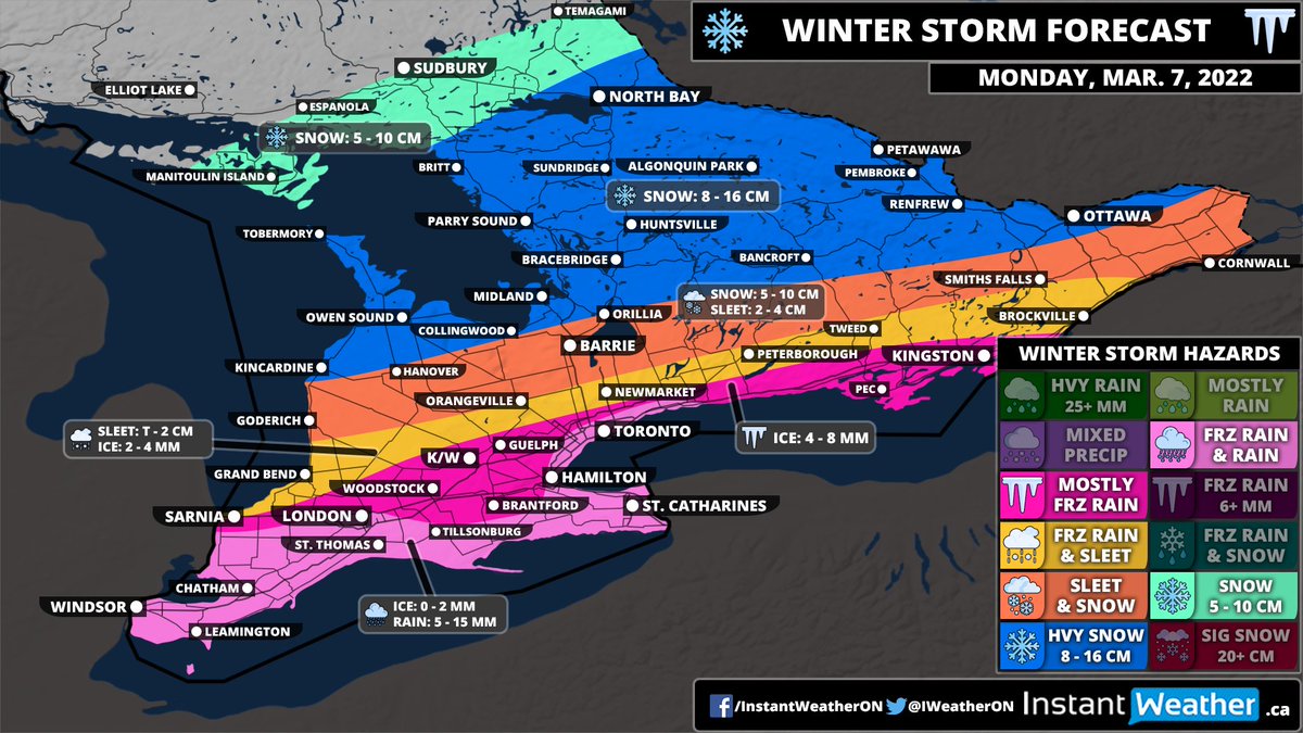 IWeatherON's tweet photo. #ONStorm #ONwx Rude Return of Winter for Southern Ontario With Heavy Snow, Freezing Rain and Ice Pellets on Monday

Detailed forecast: https://t.co/esDcPMWnKz

Currently working on our 'snow/ice day' (school bus cancellation) outlook for Monday. Should have it posted very soon. https://t.co/f4iYxO45fx