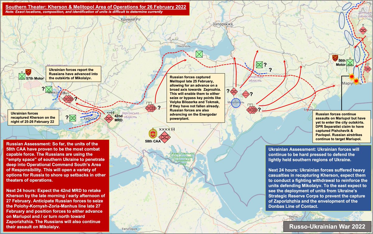 8/25 Russian units commenced advancing out of their assembly areas in Crimea and the Donetsk region early during the invasion. While the Ukrainians fought well, there appears to have been a significant overmatch of Russian ground forces in the south. Map -  @JominiW