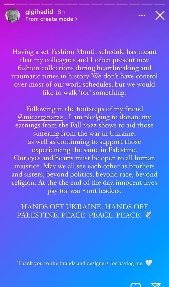 JojoPuadi's tweet photo. Wow Queen @GiGiHadid is pledging to donate her earnings to Ukraine and Palestine ❤️❤️ #TeamHadid https://t.co/CqV4d22Pv6
