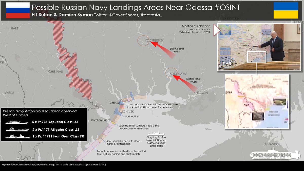 23/25 This from  @covertshores &  @detresfa_ is a useful examination of how and where an amphibious operation might play out. An amphibious operation would complement overland advances by ground forces from Mykolayiv and Voznesensk.