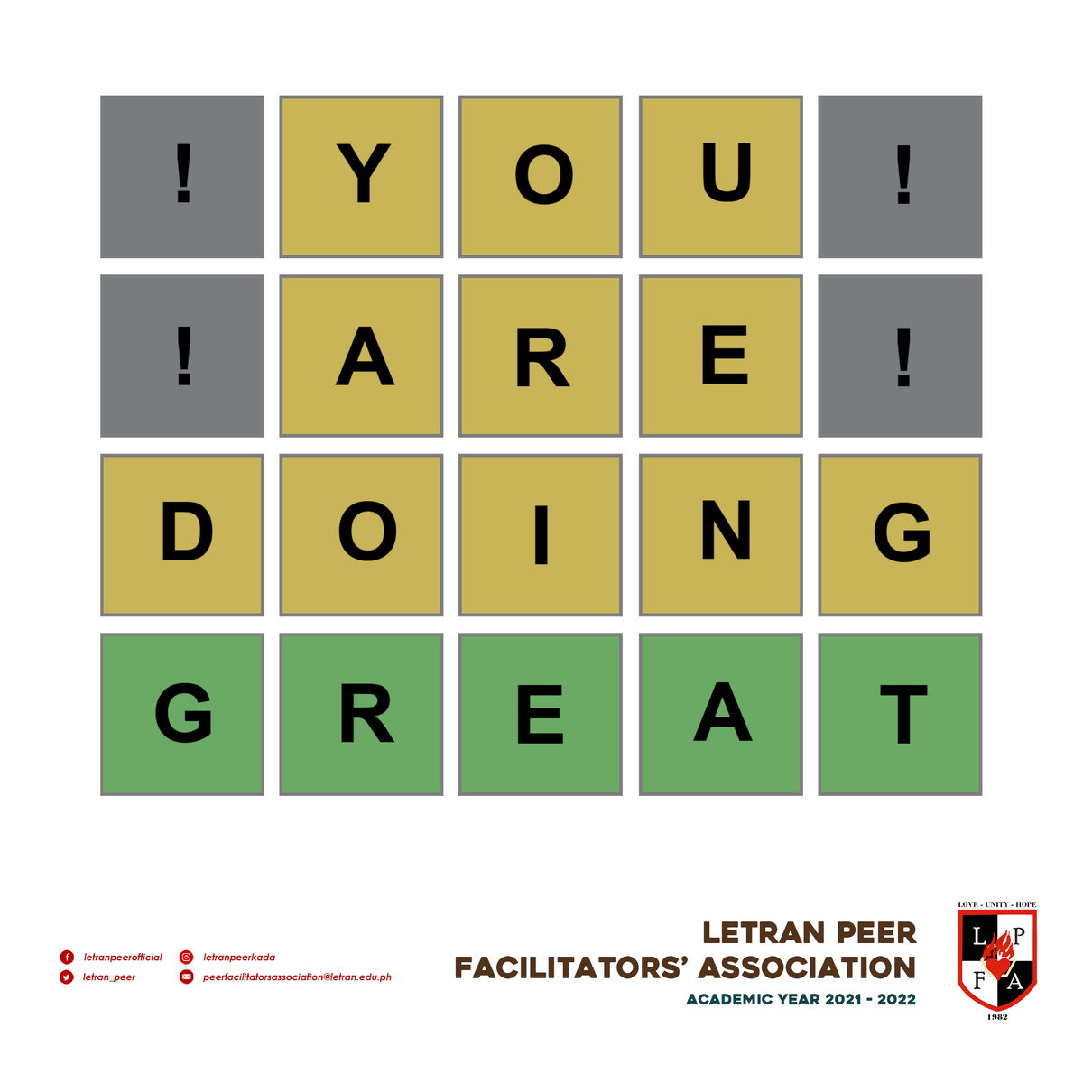Letran_Peer's tweet photo. Keep going, Ka-PEER! Your efforts are seen and appreciated. All great things feel difficult to achieve at first, so simply do your best until the end! Progress is progress, no matter how small it may be. Go at your own pace suited best for your circumstances.

#LPFAmily https://t.co/CkqA4V9p5x
