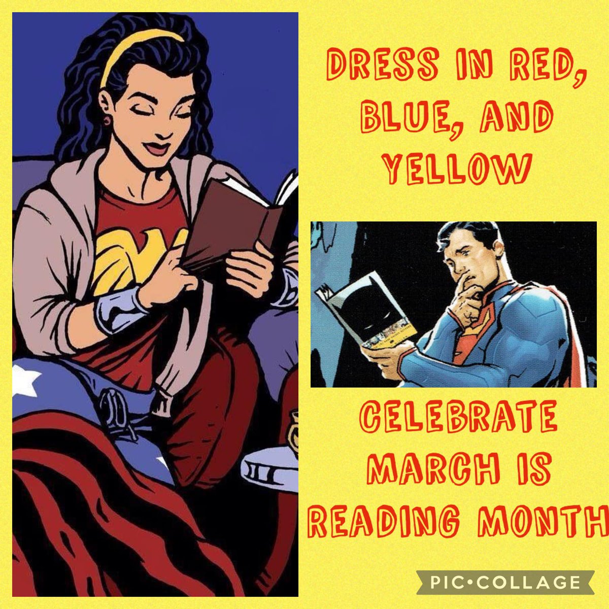 The Brummer Reading Month committee helps us celebrate our superpower of reading! Monday, March 7th dress in red, blue, and yellow like Wonder Woman and Superman! 🦸‍♀️🦸‍♂️📚🐾