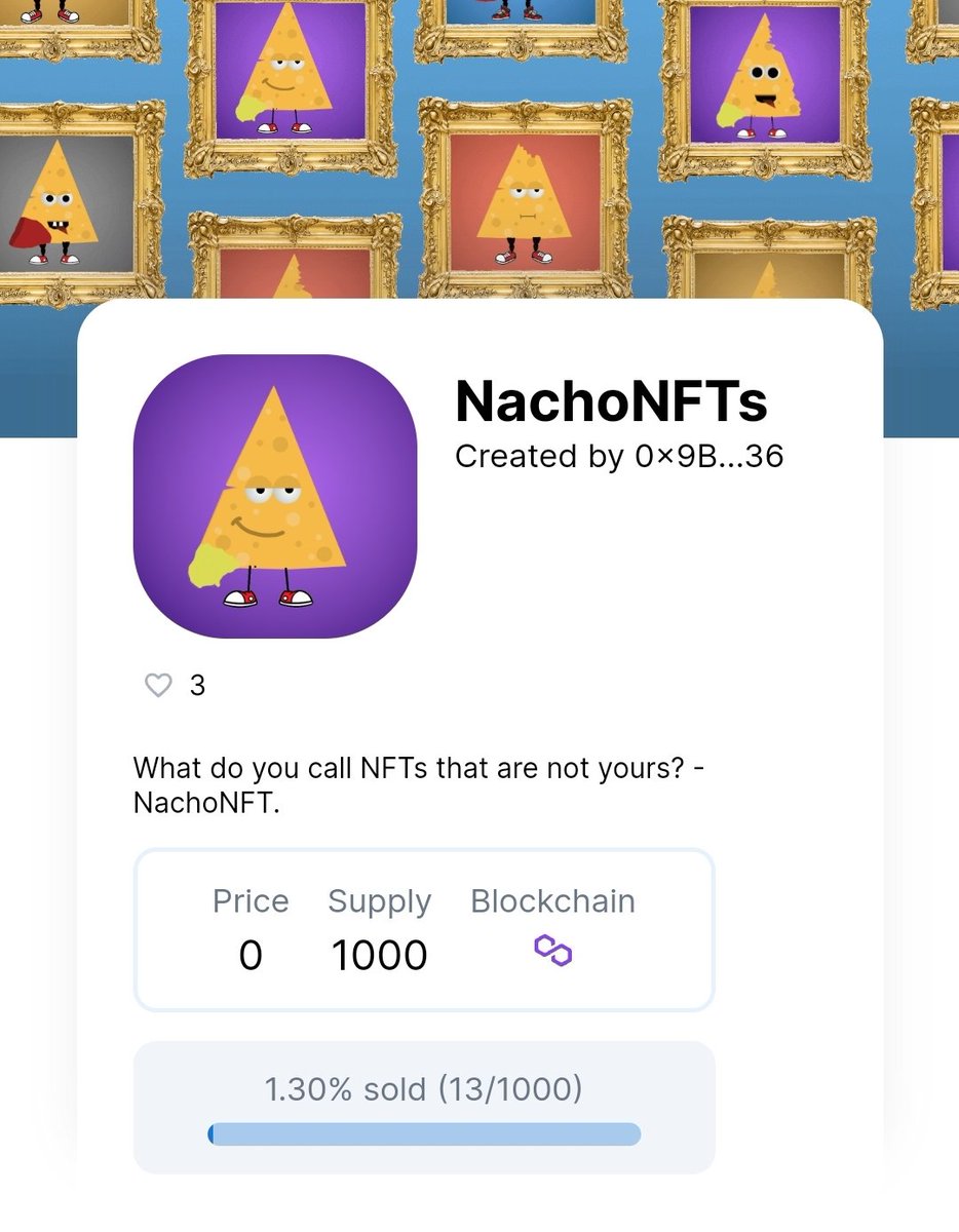 Even tho the entire #NFT collection is free, i still feel proud for selling 13 so far. Get your NachoNFT for free:
launchmynft.io/collections/0x…
