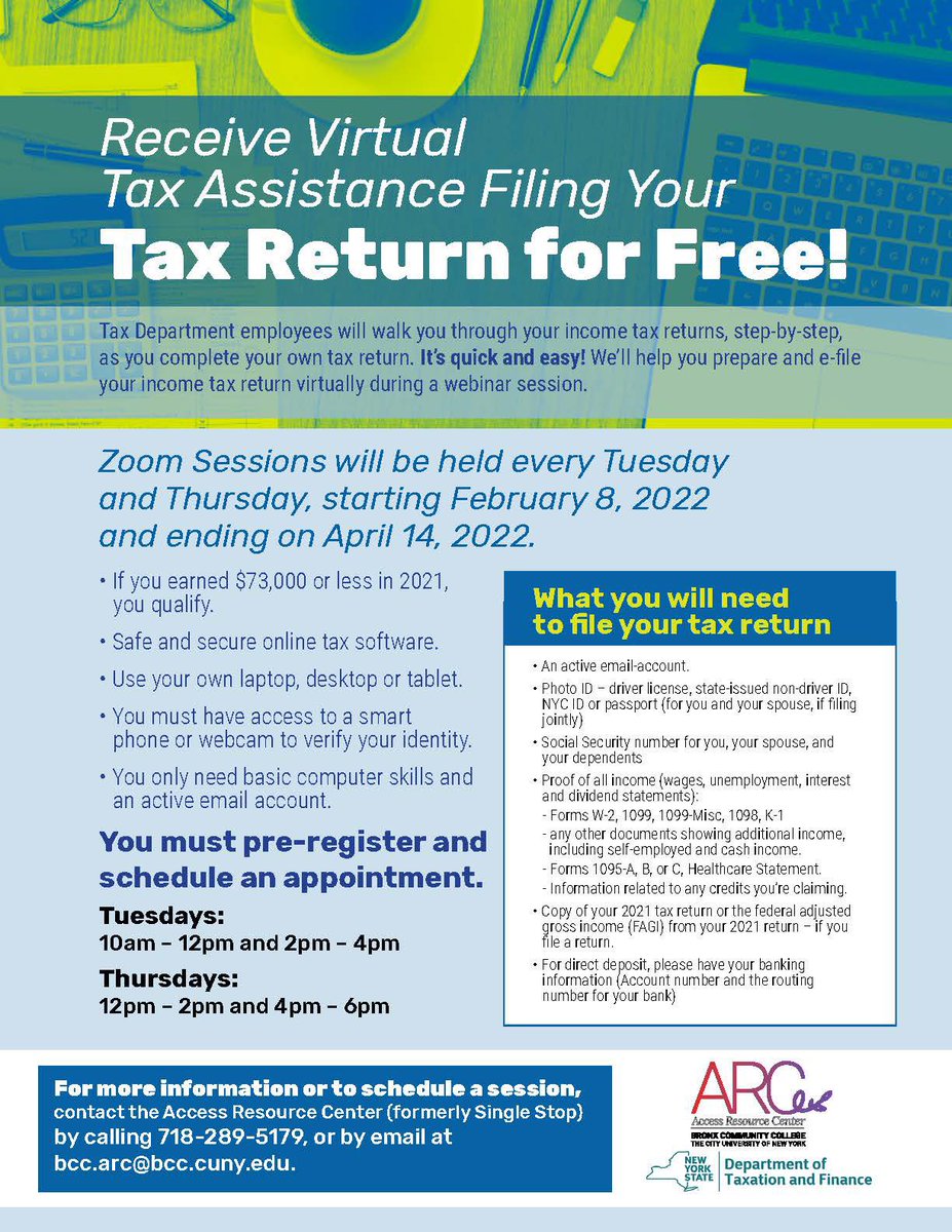 BCC_ARC's tweet photo. The Access Resource Center in collaboration with the NYS Department of Taxation and Finance will host Week 5  of Virtual Tax Preparation and E-filing Assistance to all currently enrolled BCC Students,their families, faculty, staff and BCC Alumni who meet the income requirements. https://t.co/Fl9PFeSiJE