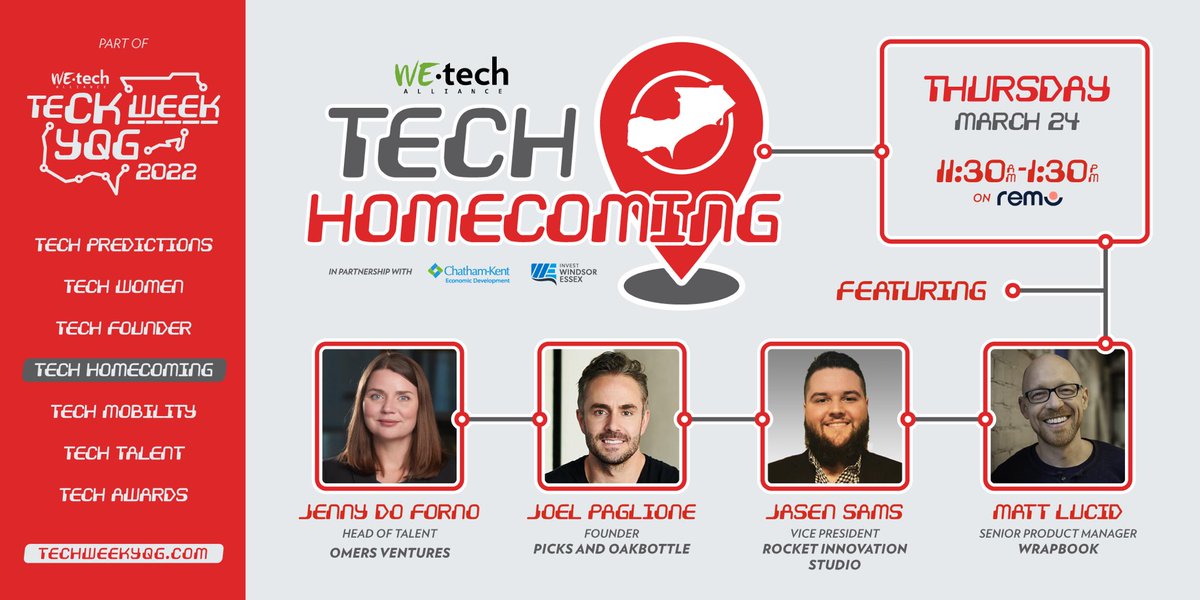 On March 24th, Windsor &amp; Chatham-area expats, former residents &amp; leaders will reconnect and reinvest with the place they once called home.

Join us in partnership with <a href="/_investwe/">Invest WindsorEssex</a> &amp; <a href="/CKEcDev/">Chatham-Kent Economic Development</a> for Tech Homecoming as part of #TeCKWeekYQG

DETAILS ➡️ eventbrite.ca/e/tech-homecom…