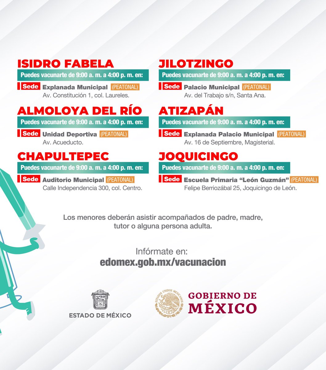 alfredodelmazo's tweet photo. Mañana 7 de marzo aplicaremos la primera y segunda dosis a los menores nacidos en 2007 y de 15 a 17 años en #IsidroFabela, #Jilotzingo, #AlmoloyaDelRío, #Atizapán, #Chapultepec y #Joquicingo. #EstrategiaDeVacunación https://t.co/OE7t1FOcpR