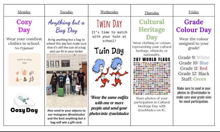 Hey Lancers - don’t forget to celebrate the last week of classes before March Break by dressing up for our Spirit Week!
<a href="/OCDSB/">OCDSB</a> <a href="/SirWilLibrary/">SWL Teacher Librarian</a>