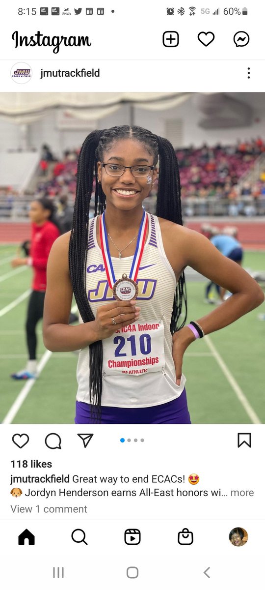 Congratulations to my daughter <a href="/JordynH_912/">jordyn henderson :)</a> on her All-East honors at the ECAC Championship finishing 3rd in the 60m hurdles. She is now ranked 2nd on JMU's All-Time Performance list. First collegiate indoor season is in the books. Proud mom. <a href="/TDKnightsTFXC/">Thomas Dale TF/XC</a>