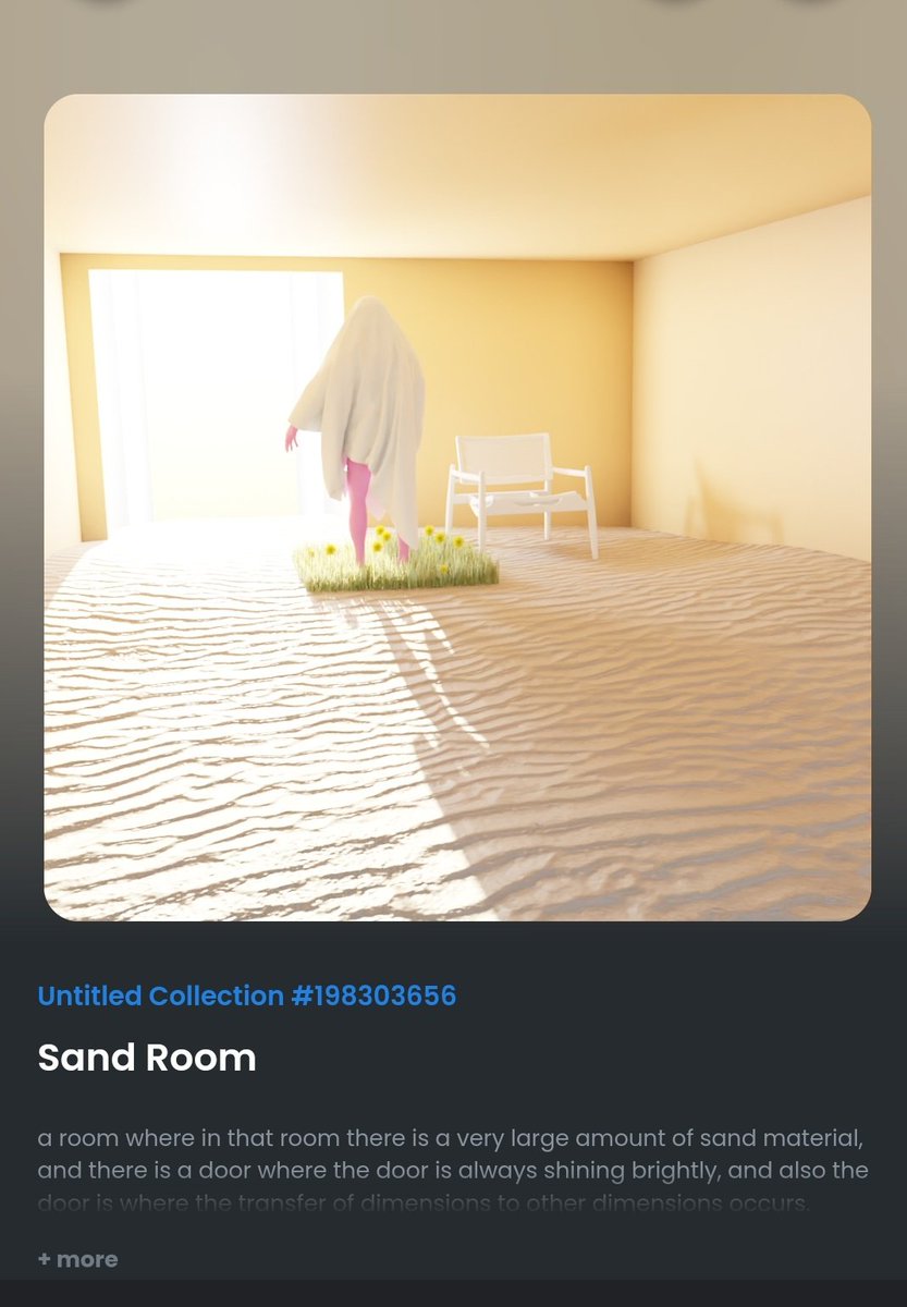 GSymdr's tweet photo. @stoemanangels my first collection #NFT

"Sand Room"

a room where in that room there is a very large amount of sand material, and there is a door where the door is always shining brightly, and also the door is where the transfer of dimensions to other dimensions occurs

https://t.co/Mcml4jKadJ https://t.co/ojqan86ter