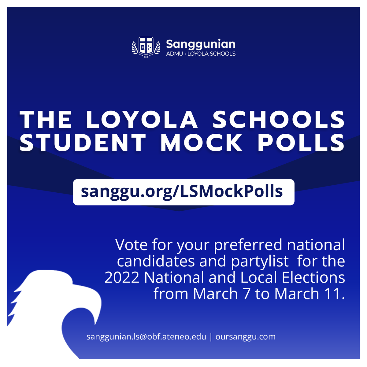 admulions's tweet photo. In collaboration with partner student governments, @admusanggu is launching the LS Student Mock Polls for the 2022 National and Local Elections today until March 11, 2022.

Undergraduate and graduate students can vote here: 
https://t.co/aQr1hg3AxU https://t.co/lDnAe4cAD4
