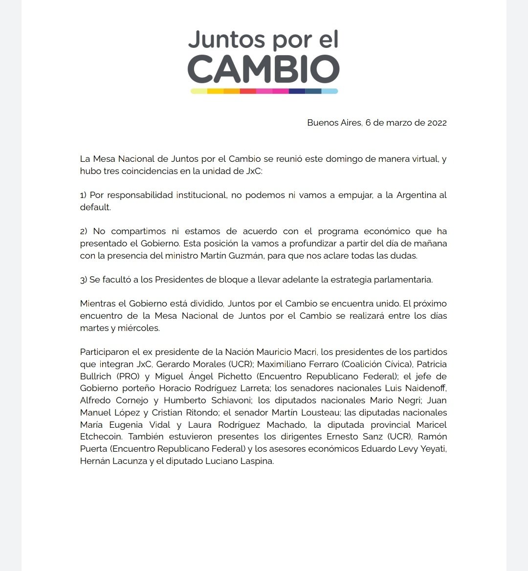 marioraulnegri's tweet photo. Mientras el Gobierno está dividido, la Mesa Nacional de Juntos por el Cambio  avanzó en puntos de acuerdo para debatir el Acuerdo con el FMI. Estamos unidos. https://t.co/3Xi5CIMENW