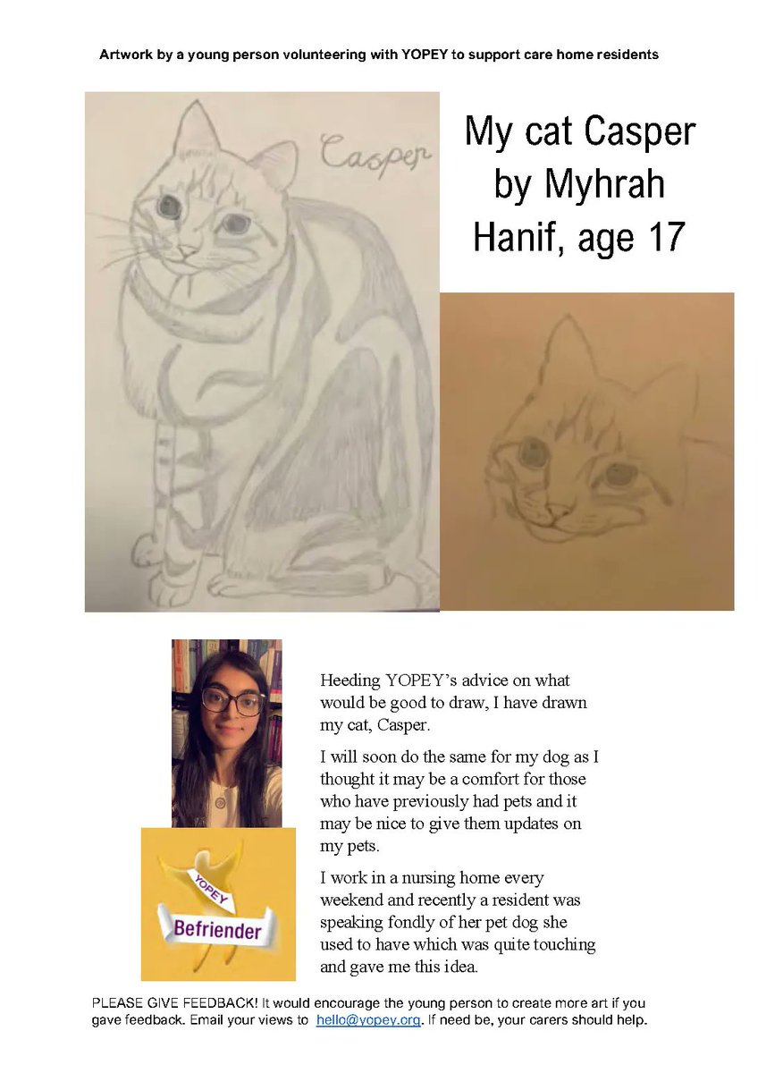YopeyCharity's tweet photo. IT'S PETS MONTH AT YOPEY

Here's 2 of the many letters about pets &amp; a cat artwork our young Befriender volunteers have put together for elderly people in #carehomes

If you'd like a sample pack for your residents, email hello@yopey.org

#TrulyIntergenerational #AidToReminisce https://t.co/eIp0nM2Twj