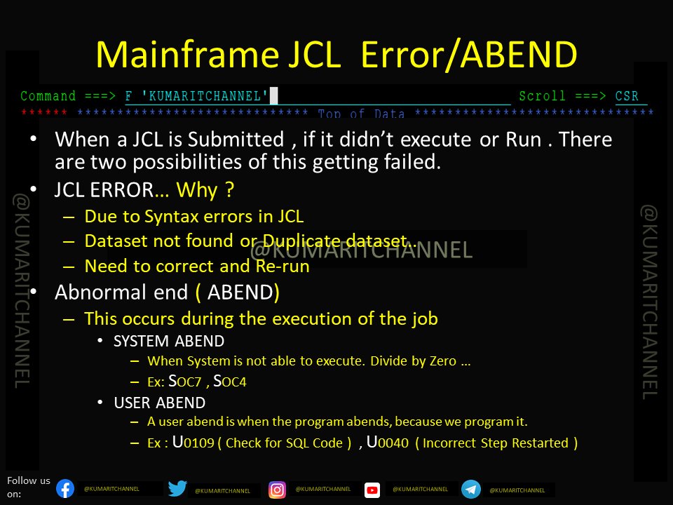 kumarITChannel's tweet image. Mainframe - JCL - What are the Possibilities of getting JCL Failed or Errored ?

Happy Learning!!  For more  Videos on Mainframe topics  like COBOL / JCL / DB2 / CICS / VSAM / PL/I &amp;amp; Interview Q &amp;amp; A ,.
Stay connected on :
Youtube:
youtube.com/kumaritchannel
#mainframe
#bigiron
#ibm