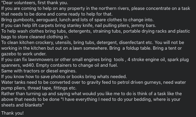 #LismoreFloods = inspiring #sponvol effort - if you're heading into the area, be prepared. Spotted this good post with my <a href="/phoenix_fdns/">Phoenix Foundations</a> hat on, sharing here for repost. #disastermgt pattern must ensure needs | supply are matched. Short 🧵