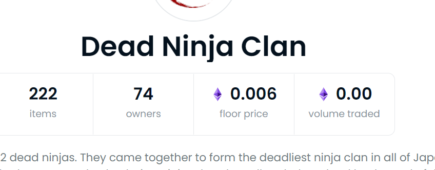 DeadNinjaClan's tweet photo. We're up to 74 #DeadNinja holders!
#NFT #NFTs #NFTcommunity #NFTcollector #deadninjaclan #opensea https://t.co/712FRiMra9