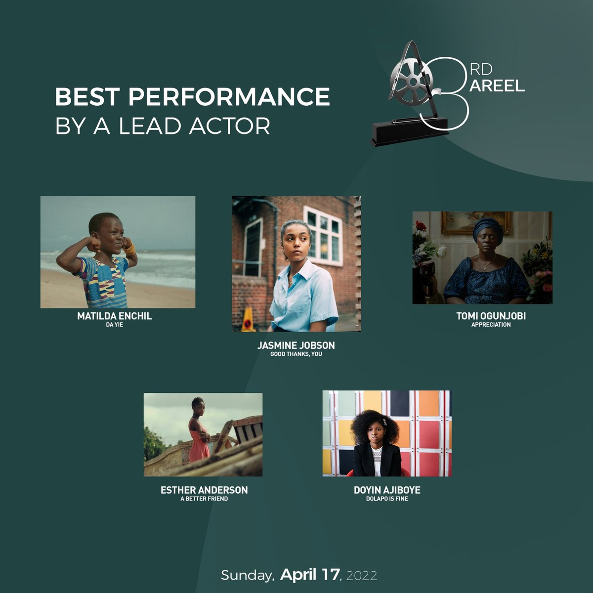 the_AREEL's tweet photo. Congratulations to the #AREEL 2022 “ Best Performance by an Actor” nominees!🤩💫
•@matilda.enchill - @DaYieShortfilm
• @jobson_jasmine
• @tomiogunjobi
• Esther Anderson - @abf_shortfilm
• @doyinnaji
#theAREEL #AREEL2022
#theAREELawards #bestactor https://t.co/M73AR6RNoj