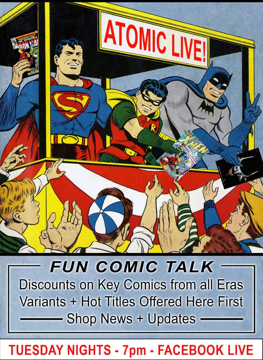 atomiccomics's tweet image. Join us Tuesday night over on Facebook for our weekly live show at 7pm. We feature key books, oddities and variants all at a discount.