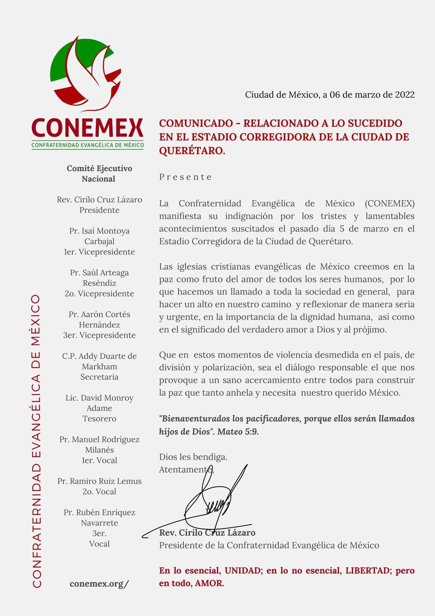 CONEMEXAR's tweet photo. CONEMEX manifiesta su indignación por los tristes y lamentables acontecimientos suscitados el pasado día 5 de marzo en el Estadio Corregidora de la Ciudad de Querétaro. "Bienaventurados los pacificadores, porque ellos serán llamados hijos de Dios" Mateo 5:9 
#CONEMEX https://t.co/pJtWCsJnV4