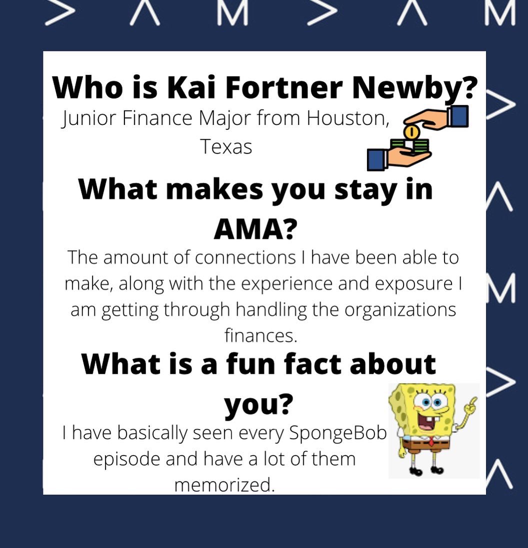 txst_ama's tweet photo. Introducing our Finance Director ... Kai Fortner Newby #txstama #ama #americanmarketingassociation https://t.co/3qa61aNzcW
