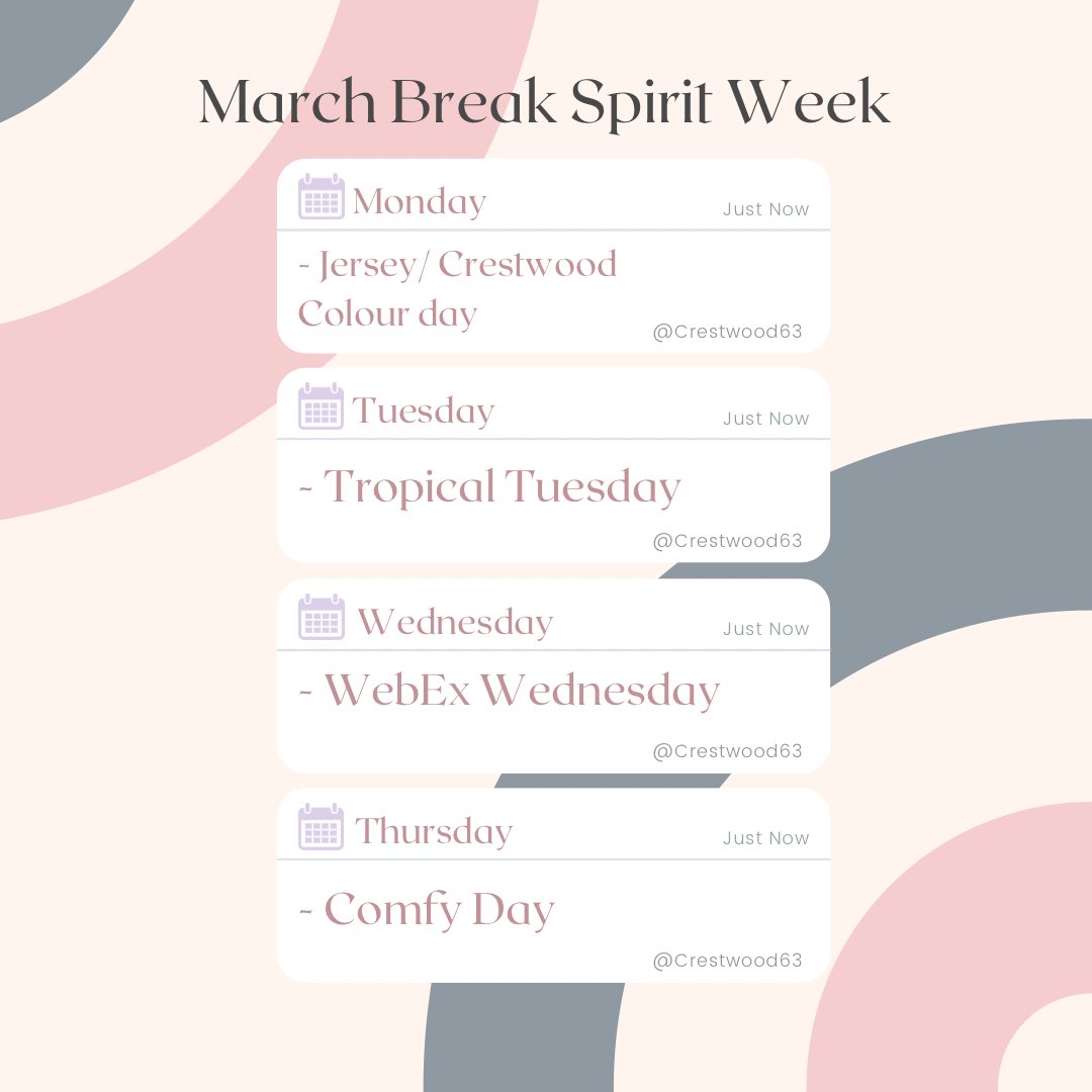 MARCH SPIRIT WEEK 🏝🗓
• 
Mustangs!!! Get ready for another spirit week. We have four exciting spirit days to lead into the March break. The class with the highest participation will win a pizza party 🍕🎉