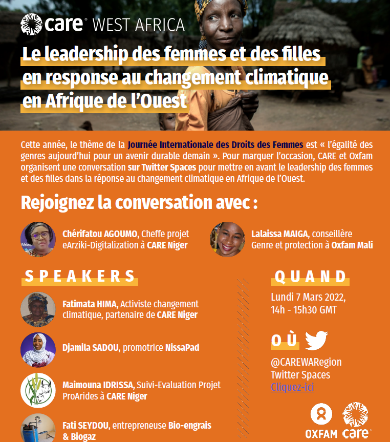 CherifaIbrahim1's tweet photo. Rejoignez-nous massivement sur notre twitter space( lien ci-dessous)  pour commémorer la journée internationale des droits de la femme.
@CARE_Danmark 
@CAREClimate 
@CareNiger 
@careusa 
@carecanada 
@CAREGlobal 
@Oxfam 
#IWD2022 https://t.co/pRewPrkTML https://t.co/dp9o9NITOV