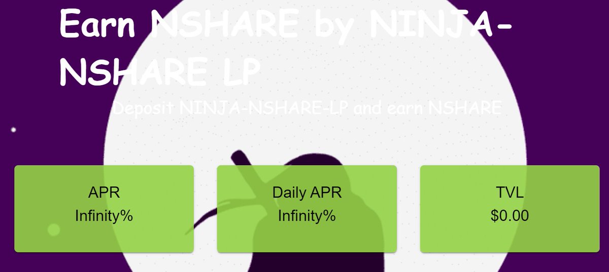 NinjaMoneyBSC's tweet photo. Want to earn more NSHARE? 🧐

For our LP holders, you can now earn NSHARE by staking NINJA-NSHARE LP 🥷

#ninja #nshare #tomb #tombfork #tombfinance #2omb #3omb #defi $tomb $tshare #binance $bsc https://t.co/x20n1mjWay
