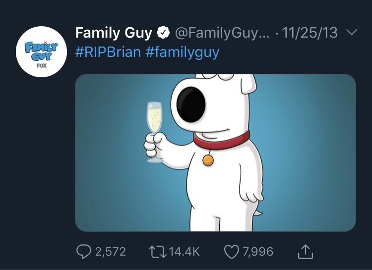 VillyVespertine's tweet photo. #RIPBrain #FamilyGuy 😿😿😿😿😿😿
goodnight everyone, i'm gonna cry in bed rn cuz of Brain. https://t.co/hJPd323YFo