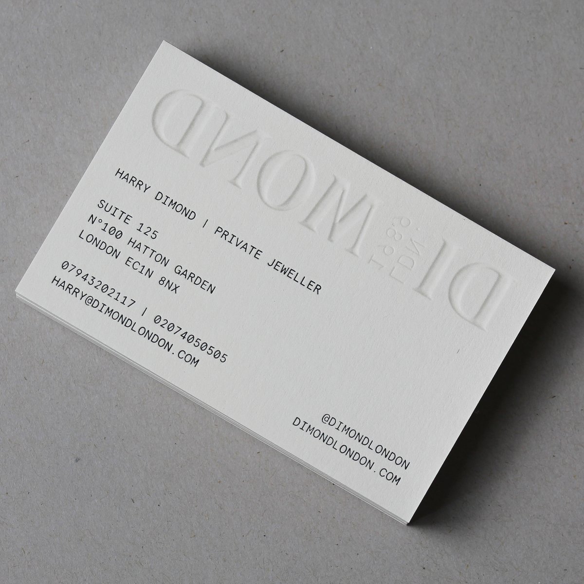 Colorplan Mist 540gsm with a blind emboss and matte foiling for Dimond London's business cards. Designed by Coralie Carré, printed by <a href="/dot_studio_/">Dot Studio</a>.