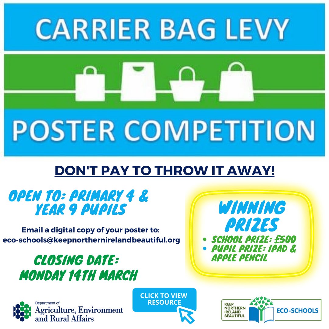 Eco-Schools are working with @Department of Agriculture, Environment and Rural Affairs to raise awareness around the need to reuse of our carrier bags. The poster competition has launched and the teaching resources can be found here: eco-schoolsni.etinu.net/eco-schoolsni/…