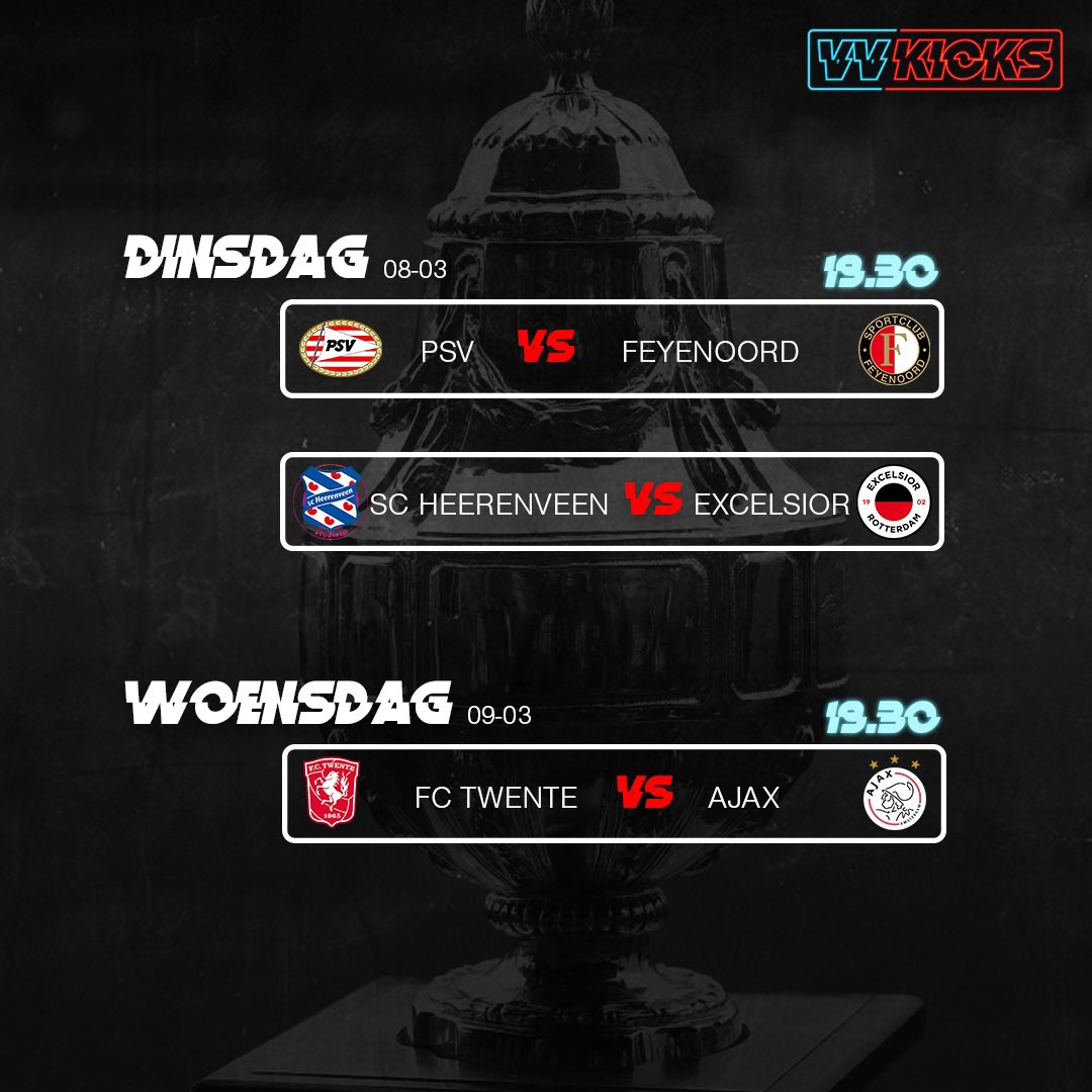 Deze week worden er 3 wedstrijden gespeeld voor een plek in de halve finale van de #KNVBbeker. ADO Den Haag wist vorige week al een plek te bemachtigen na een 3-1 overwinning op PEC Zwole. 

📺 PSV - Feyenoord op ESPN

#kwartfinales