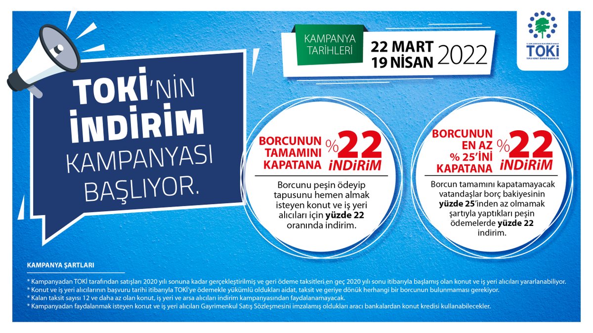 📢2022 yılı indirim kampanyamız başlıyor. 

📍Konut ve iş yeri alıcılarına yönelik düzenlenen yüzde 22 indirim kampanyamız 22 Mart 2022'de başlıyor. 

Detaylar için👉toki.gov.tr/haber/tokinin-…