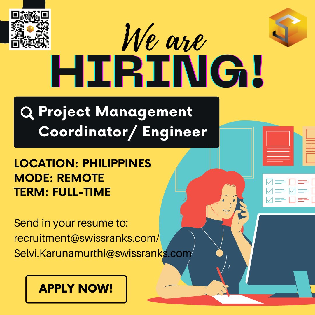 SwissRanks's tweet photo. NEW HIRING: Project Management Coordinator/Engineer
📌Location: Philippines
📌Mode: Remote
📌Term: Full-time
For more details, kindly click on the link below: 
https://t.co/6LN0qkGDCL
Please send in your resume to: 
recruitment@swissranks.com
Selvi.Karunamurthi@swissranks.com https://t.co/0POhdRKFhT