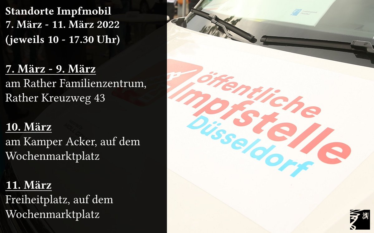 Duesseldorf's tweet photo. In dieser Woche ist das #Impfmobil in Rath, Holthausen und Vennhausen unterwegs! 💉🚐
Eine Vorab-Anmeldung ist nicht erforderlich. Alle Standorte und Termine: https://t.co/ESzwwRVraw https://t.co/2OisDqjXjx