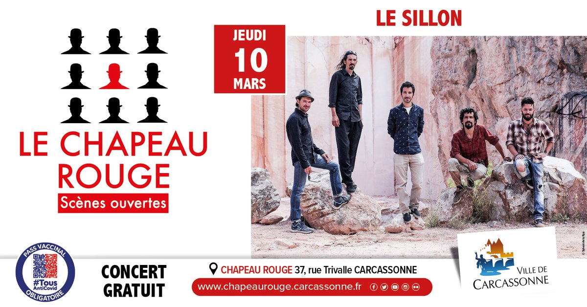 CarcaInfos's tweet photo. 🎶 Concert gratuit
🎤 #LeSillon (Chanson Française Rock)
🎩 @ #ChapeauRouge #Carcassonne
🗓 Jeudi 10 mars à 21h
🎟Billets gratuits mais nombre de places limité
📍PAC Billetterie ou sur place le soir même
😷Pass vaccinal et port du masque obligatoires
▶️https://t.co/7aA3KOea0B https://t.co/fNi2ov1Rup
