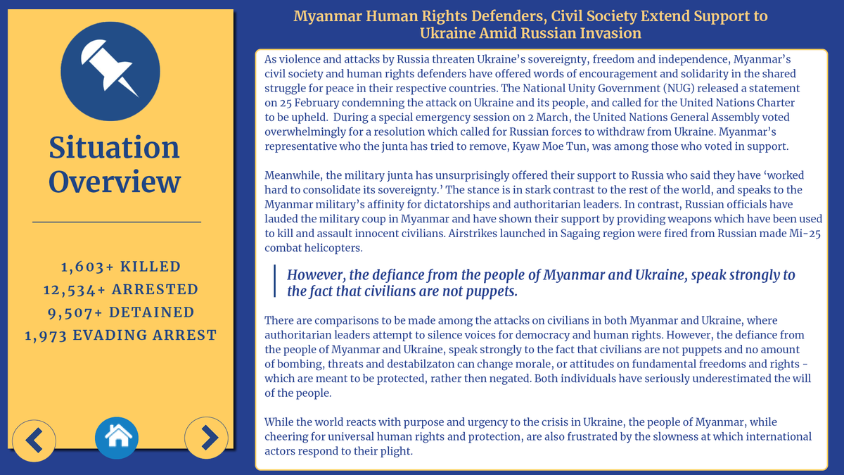 NDBurma's tweet photo. The people of #Myanmar have showed their solidarity with civilians in #Ukraine who are also fighting against a dictator. The international community must extend the same level of urgency to the crisis in #Myanmar. 
More in weekly update 👇
View here🖱️https://t.co/kqEBOsskzA https://t.co/rMoY9VoYeW