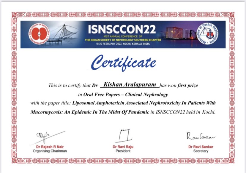arvindcanchi's tweet photo. Congratulations to @nephdrkishan for winning the first prize at the free paper presentation event at the #ISNSCCON 2022. He presented a paper on Liposomal Amphotericin Associated Nephrotoxicity in Pts with Mucormycosis. CC @aditya_moorthy https://t.co/n500S2xfJN