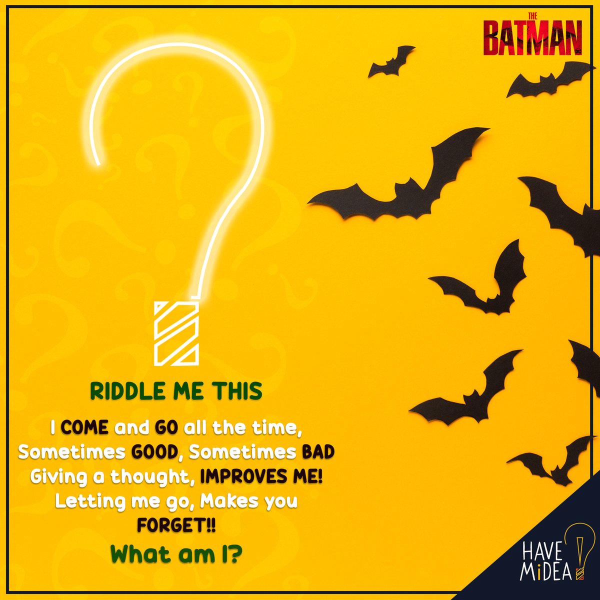 HaveMidea's tweet photo. Riddler left a Riddle!!❔
Comment your answers.. Share this and find out if your friends are smart enough!?
@TheBatman
.
.
#TheBatman #theriddler #batman #riddler #TheBatmanMovie #havemidea #mediahouse #digitalmedia #digitalhouse #creative #solve https://t.co/ouzR7uluig