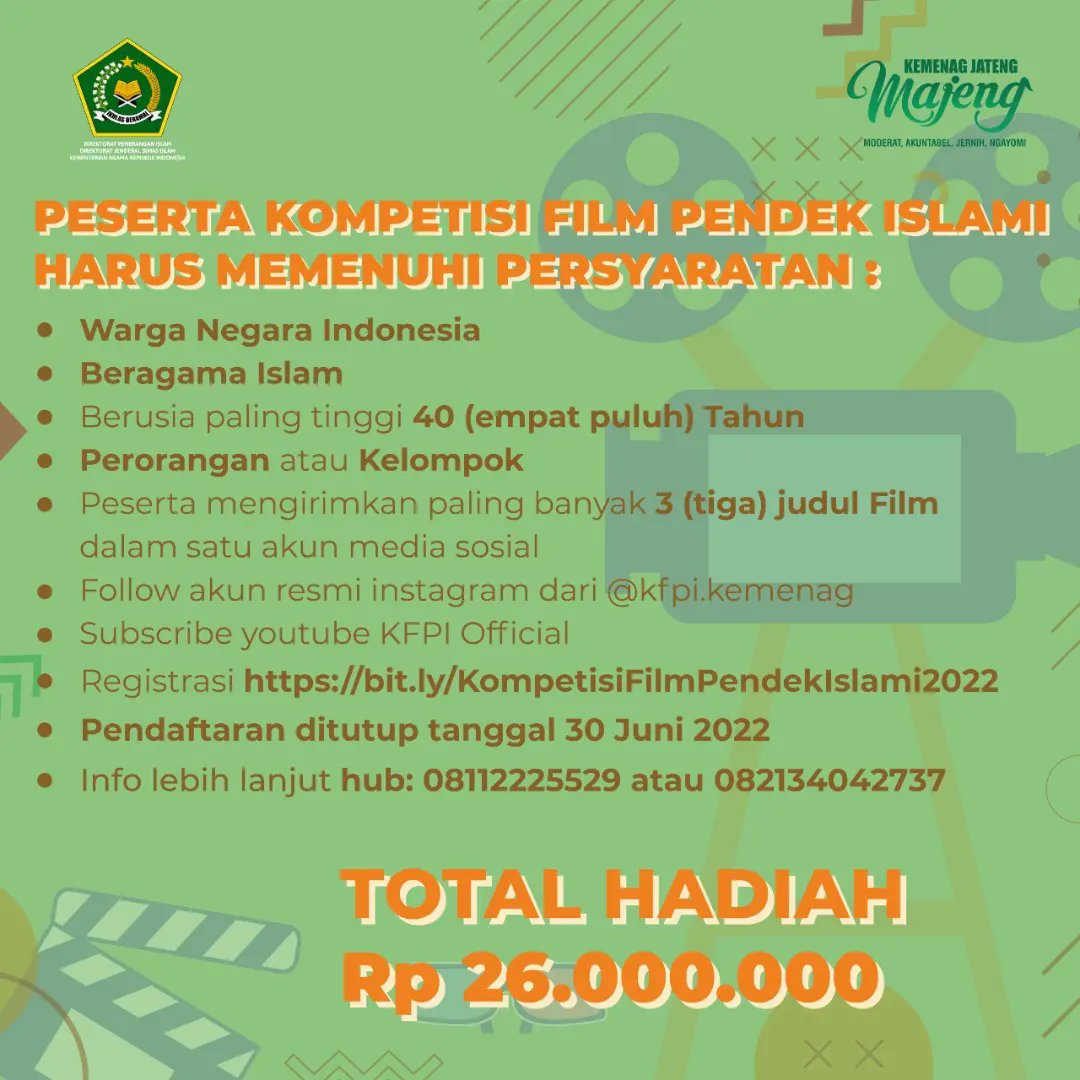 KemenagJateng's tweet photo. Halo sedulur Jawa Tengah..! Kabar yang ditunggu akhirnya datang juga nih !! Untuk kamu yang punya skill edit tapi gak tau buat apa, ikutan lomba yuk..
#KemenagJatengMajeng
#kusyiarislamdengancaraku
#KFPICompetition
@kfpi.kemenag
@ditpenaiskemenag
@bimasislam
@Kemenag_RI https://t.co/sUeug6bJlc